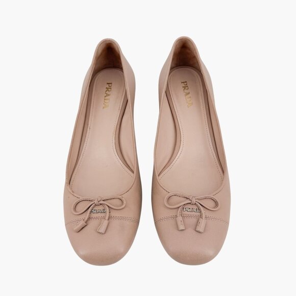Prada Cap Toe Logo Ballet Pumps Heels Beige Leather Size 40 US 10 Block Heel